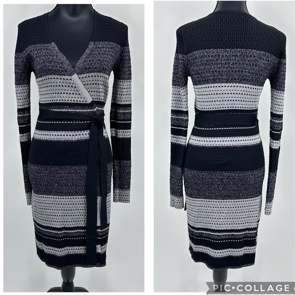 Diane Von Furstenberg Black and Gray Striped Long Sleeve Wrap Dress